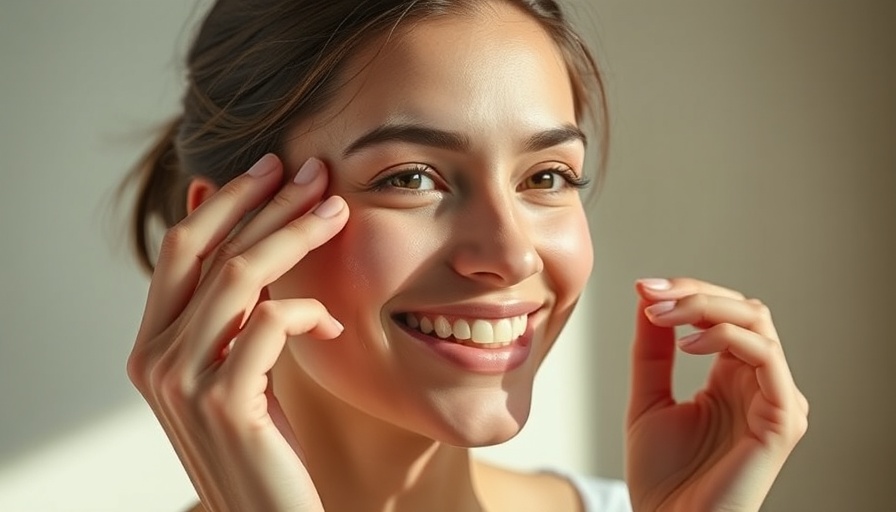 Young woman applying eye cream, smiling in soft light.