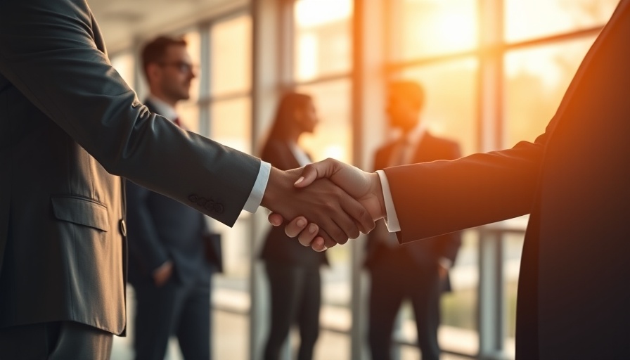 Blurred image of business handshake symbolizing healthcare merger.