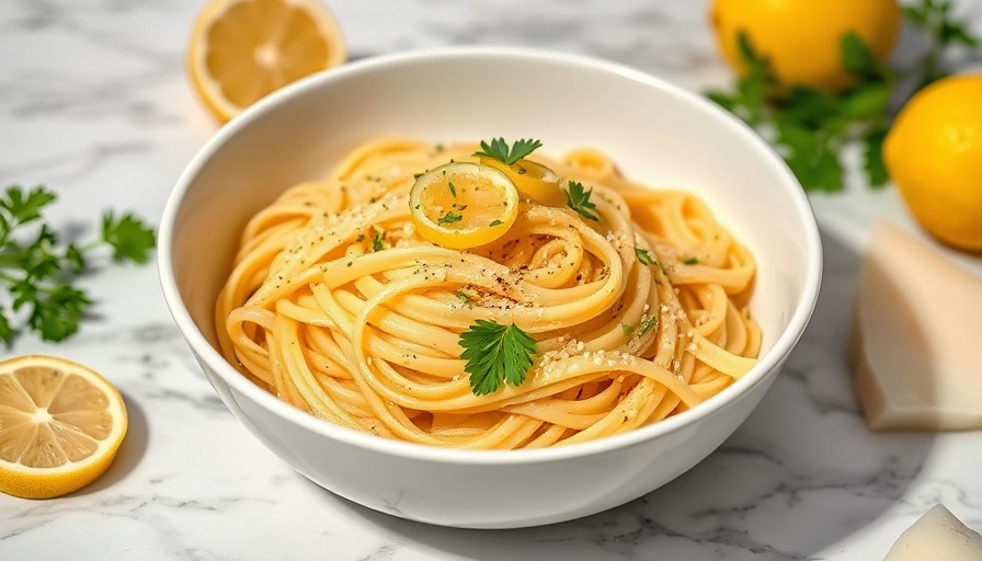 Lemon rind pasta with parsley on marble countertop.