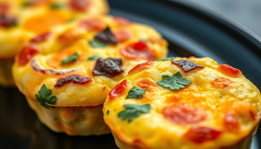 Colorful egg muffins with vegetables on a dark plate.