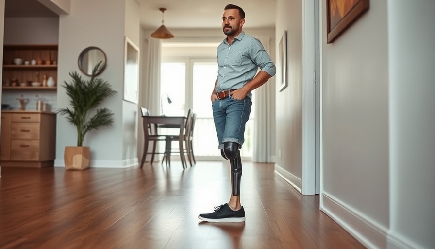 Man with prosthetic leg indoors, highlighting prosthetic coverage