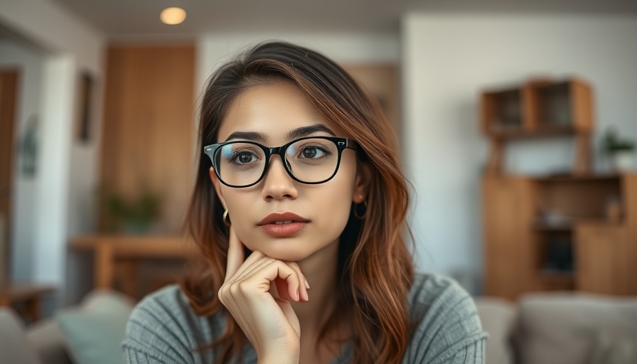 Young woman in glasses, thoughtful, modern setting, Capricorns attraction.