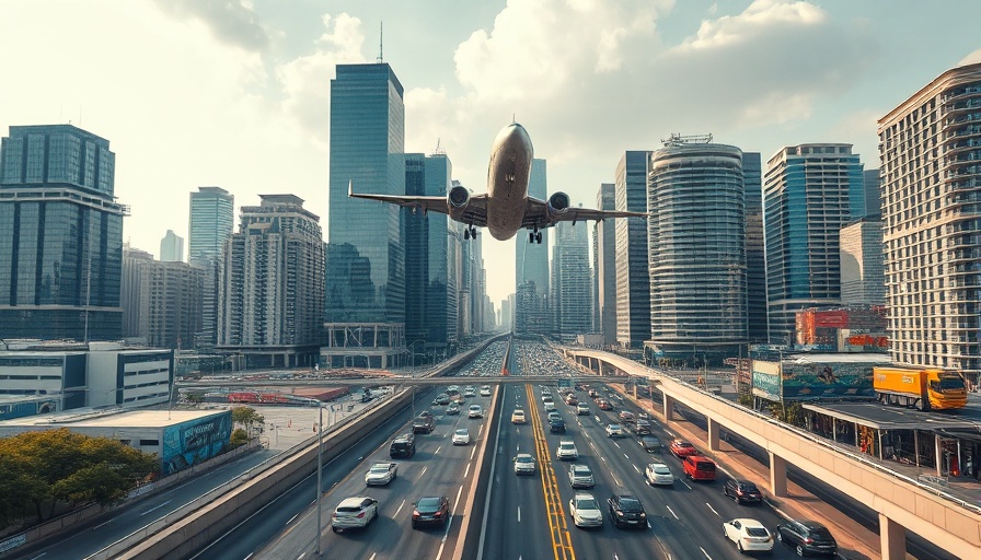 Busy highway with airplane overhead and city buildings, travel rewards
