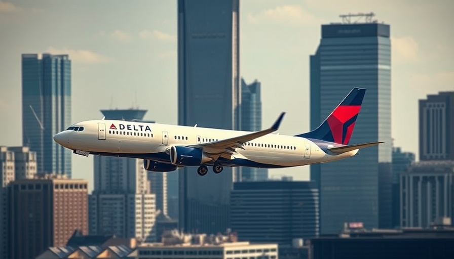 Delta Airlines AI: Plane flying over cityscape with skyscrapers.
