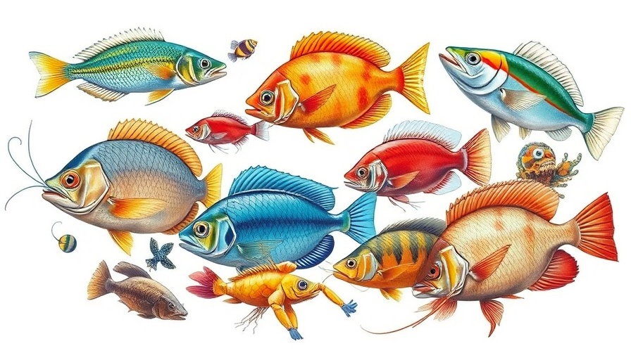 Illustration of diverse aquatic species highlighting microplastic contamination.
