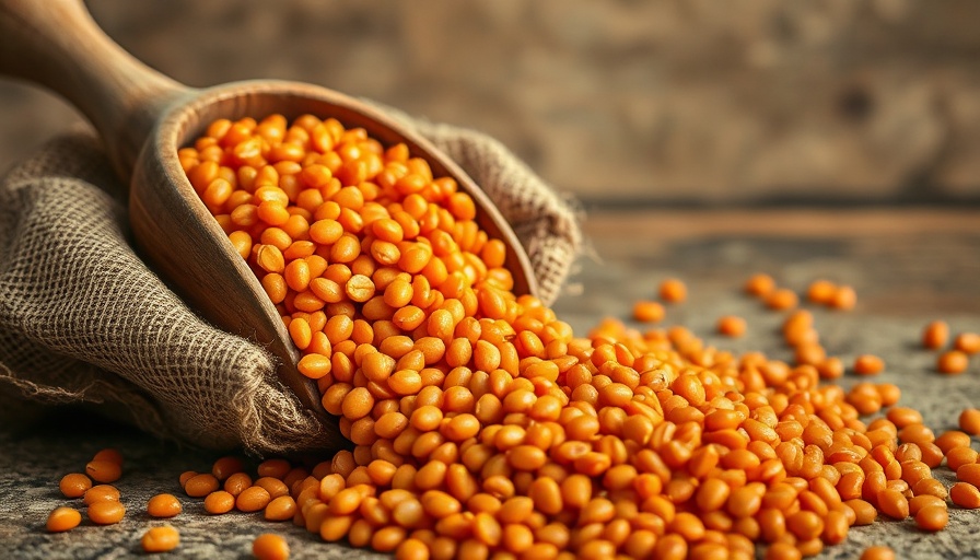 Orange lentils spilling from a scoop into a burlap sack.