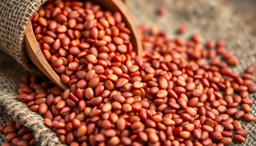Close-up of red lentils spilling from a wooden scoop into a burlap sack.