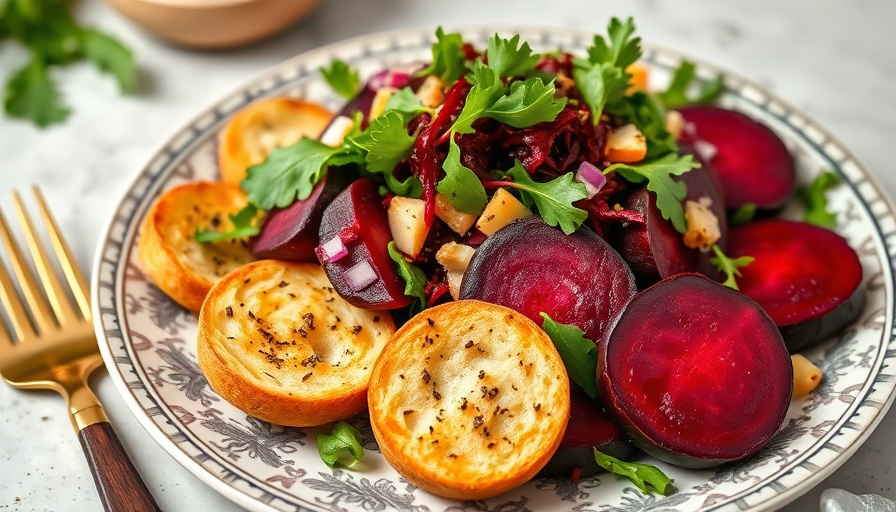 Colorful beet salad with arugula and crostini on a plate.