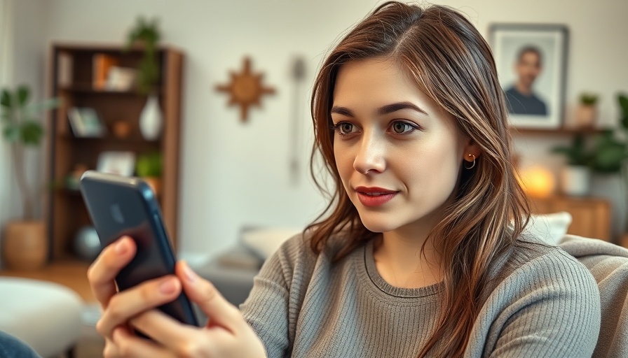 Young woman using smartphone for telehealth strategies, relaxing at home.