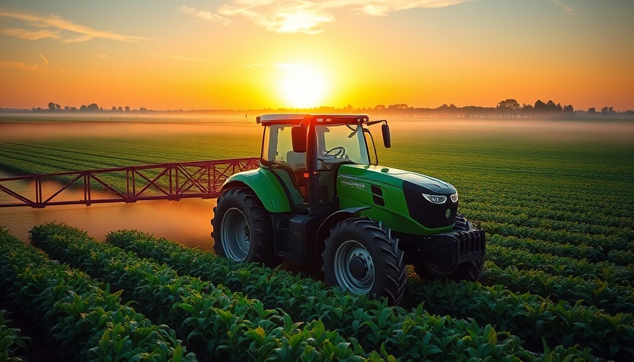 Autonomous farming with tractor spraying crops at sunset.
