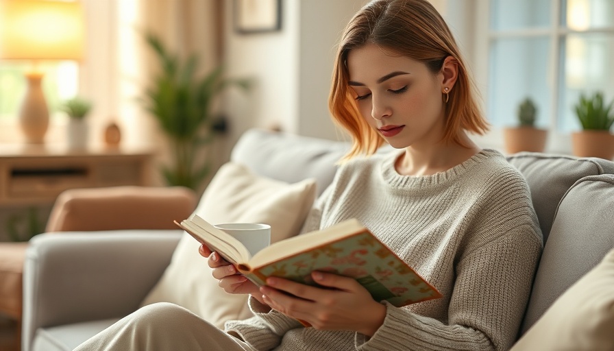 Woman relaxing with book and cup, promoting diet sleep relaxation.
