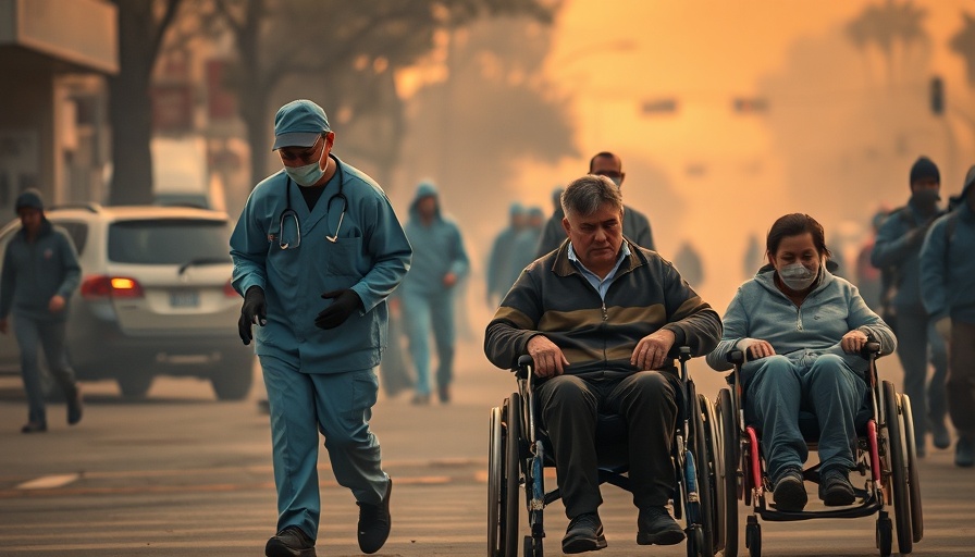 Healthcare workers assist elderly during Los Angeles wildfires evacuation.