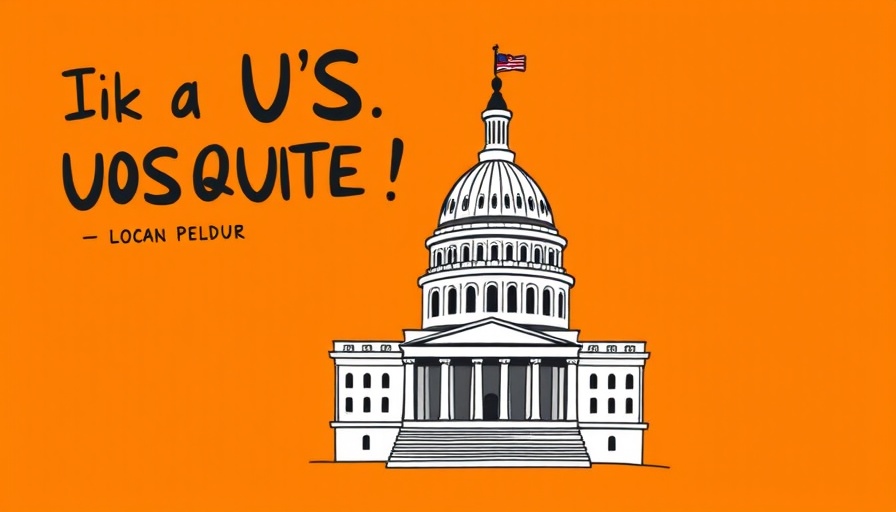 Cartoon Capitol and health policy discussion on orange background.