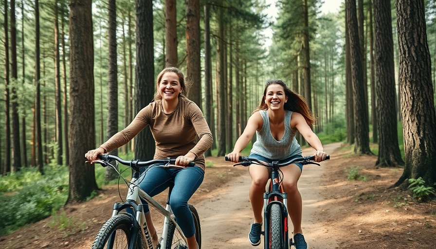 Two women enjoying aerobic exercise biking in a forest.