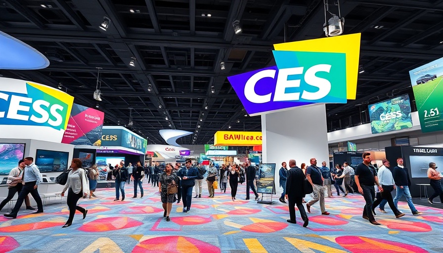 Attendees at CES 2025 walking past vibrant exhibit hall.