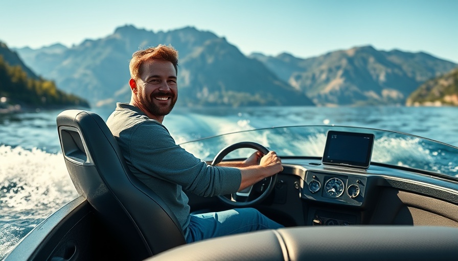 Man driving an electric boat with mountain view