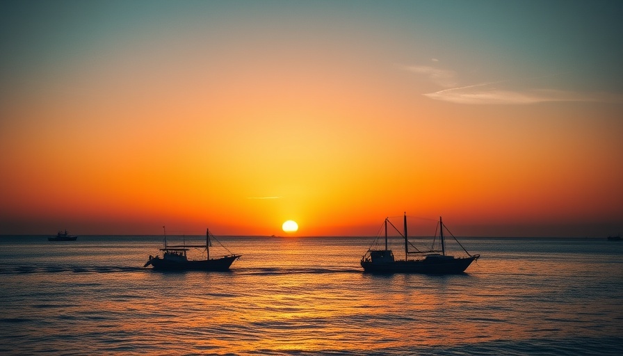 Vibrant sunset over ocean with boats, warm reflections.