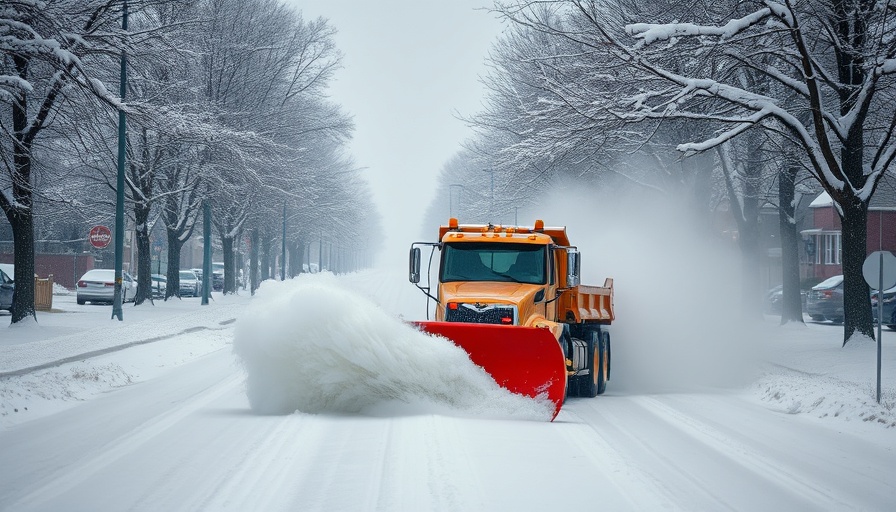 Snowplow clearing street during Winter Storm Cora