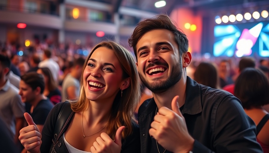 Energetic duo at public event, smiling and gesturing, crowded venue.