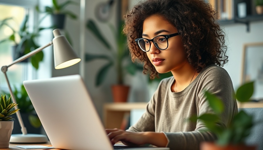 Young woman working on laptop, health coaching focus.