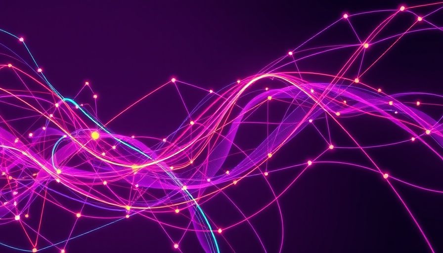 AGI network abstract with colorful lines and nodes on purple background.
