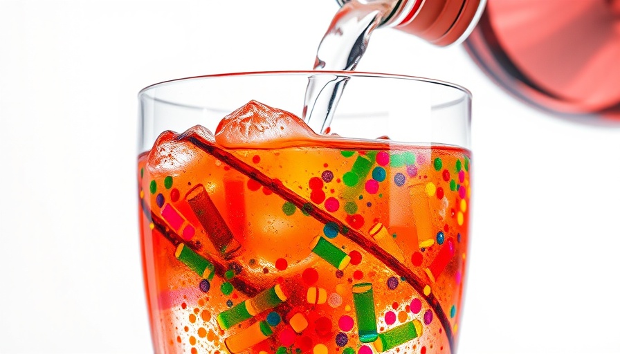 Cocktail glass filled with microplastics, highlighting health risks.