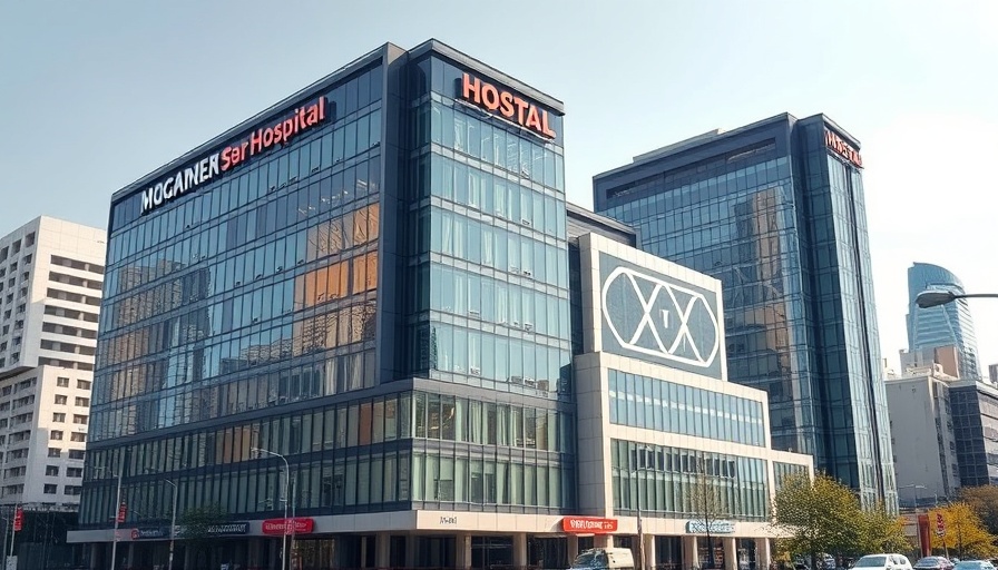 Modern hospital buildings in urban cityscape, AI documentation context.