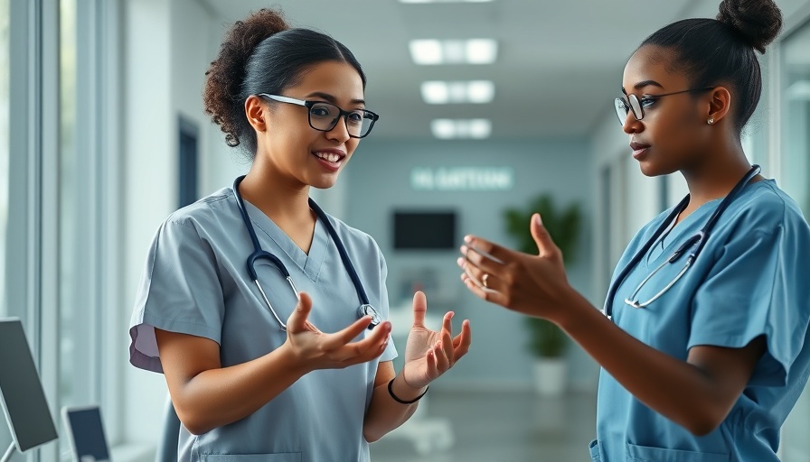 Healthcare professional discussing technology trends in modern office.