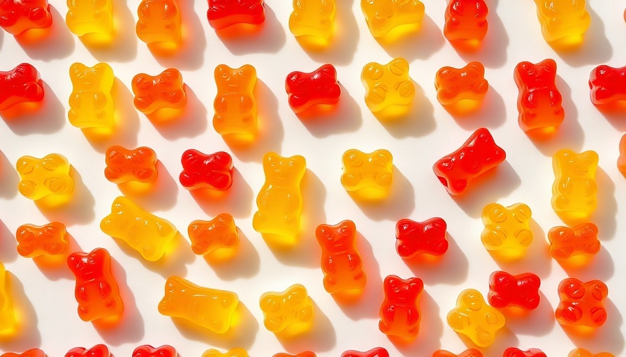 Colorful gummy bears in grid pattern featuring Red Dye No. 3.
