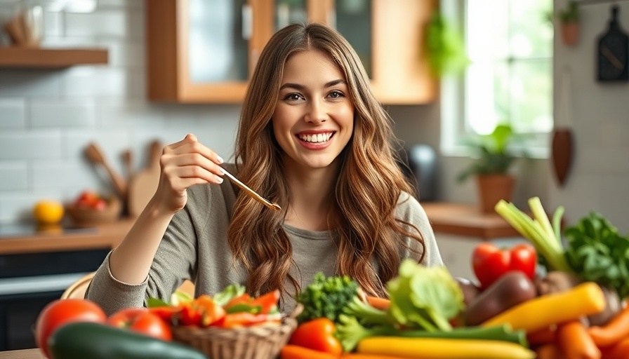 Smiling woman enjoying a healthy meal with fresh vegetables.