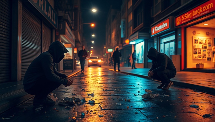 Urban street at night with hooded figures and debris, cinematic scene.