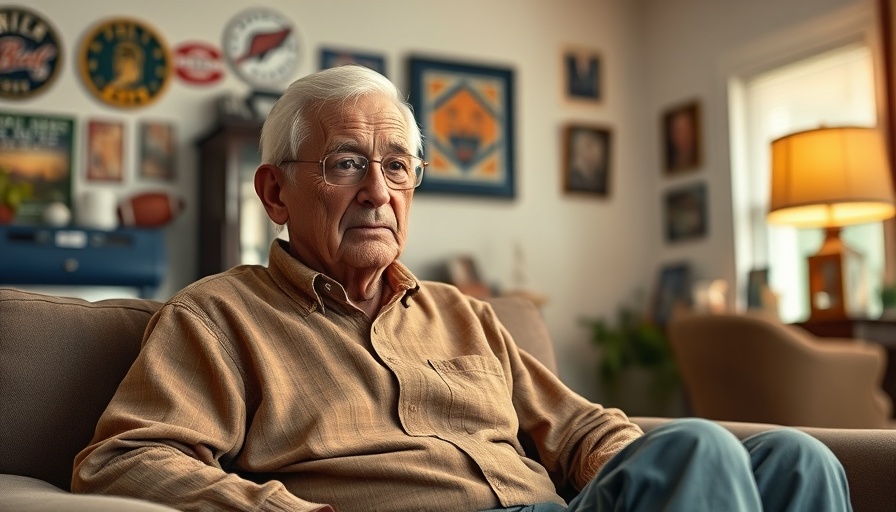 Older man seated in cozy room with sports memorabilia