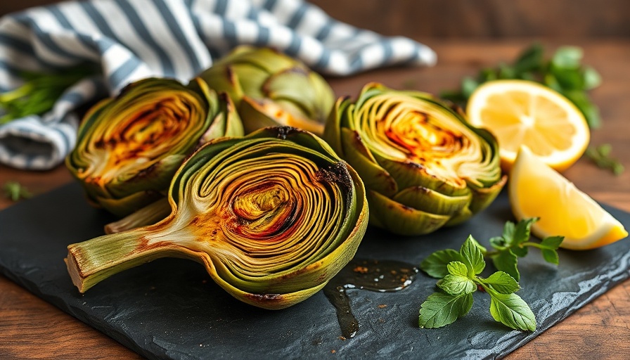 Rustic display of grilled artichokes with lemons and herbs.