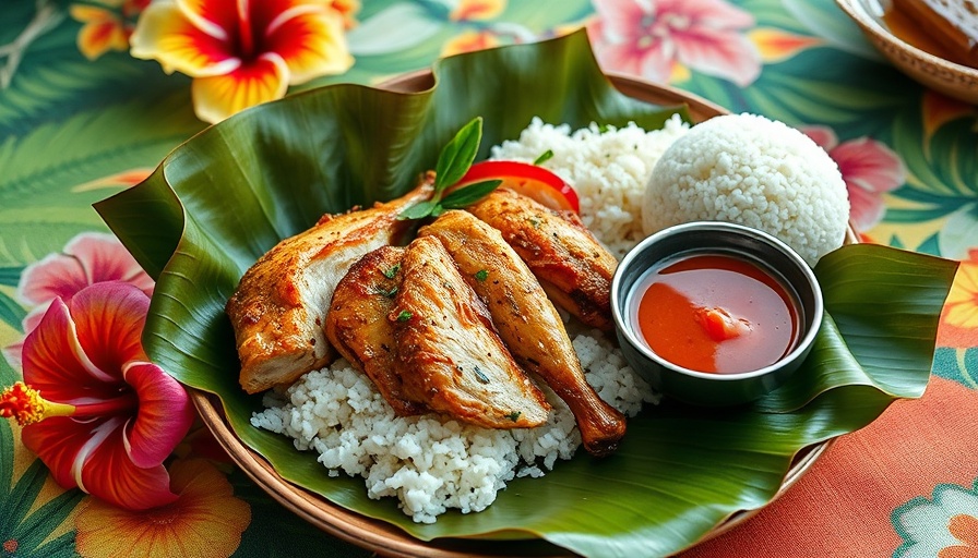 Lemongrass chicken with rice and sauce on tropical table setup.