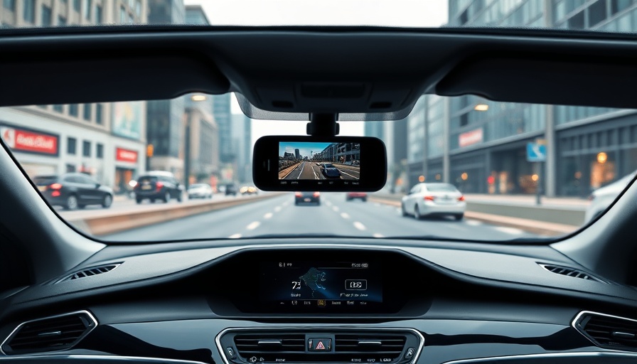 Smart dashcams in a modern car dashboard with city view.
