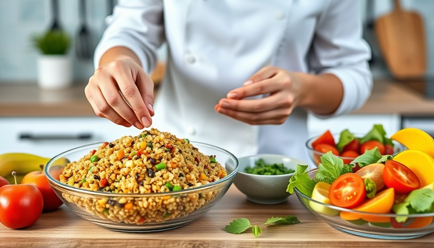 Food tracking with healthy meal preparation in bright kitchen.