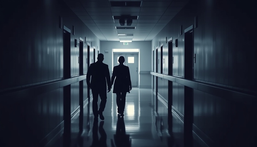 Hospital corridor silhouettes walking, calm reflective ambiance.