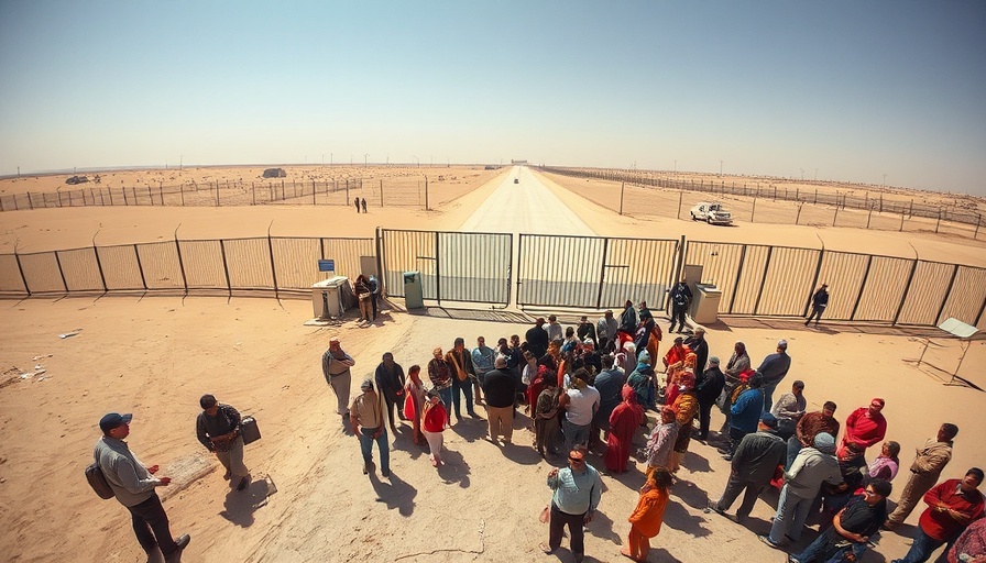 Group gathered by border gate amid desert, illustrating mass deportations.