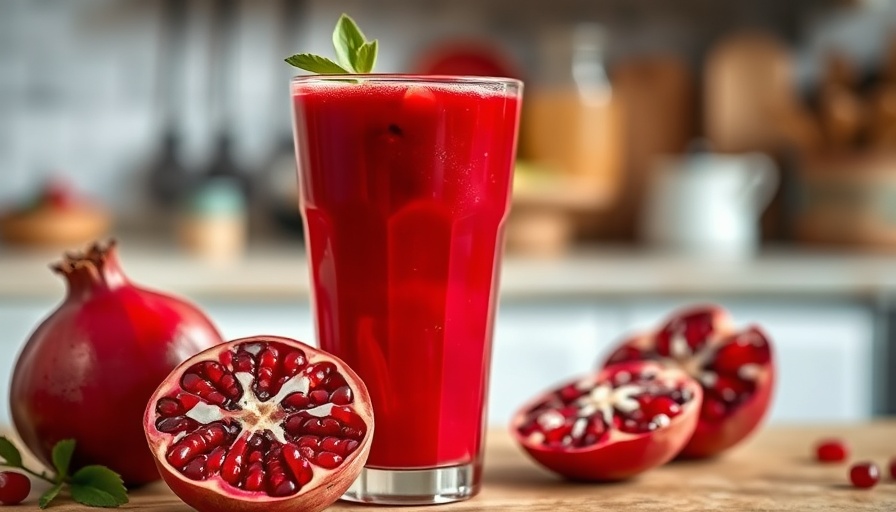 Fresh pomegranate juice, an anti-inflammatory drink, on a wooden table.