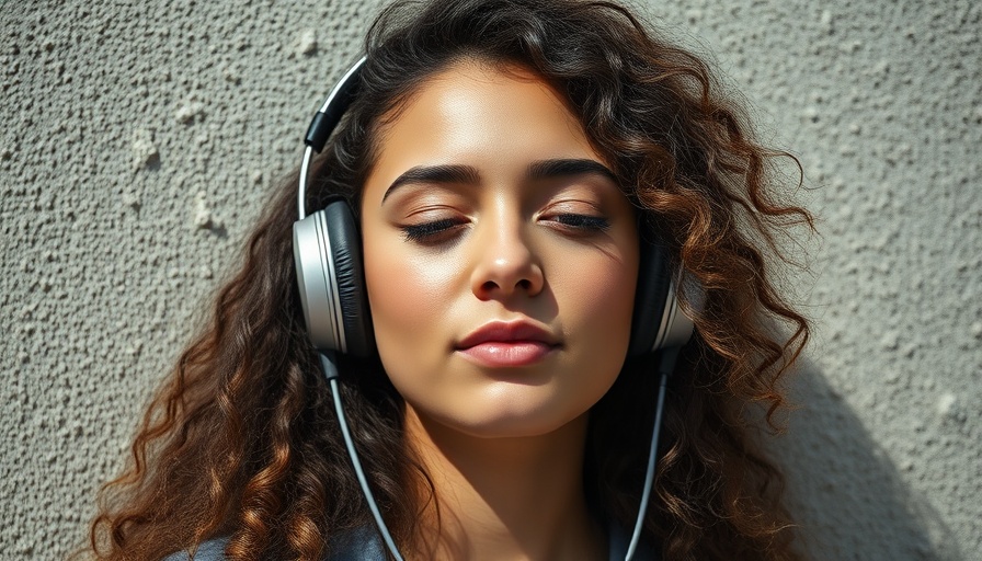 Young woman with headphones, relaxed expression, promoting meditation for mental health.