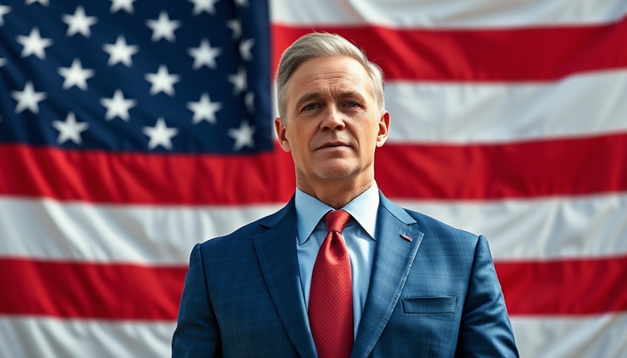 Man at event with American flag backdrop, Trump inauguration 2025.