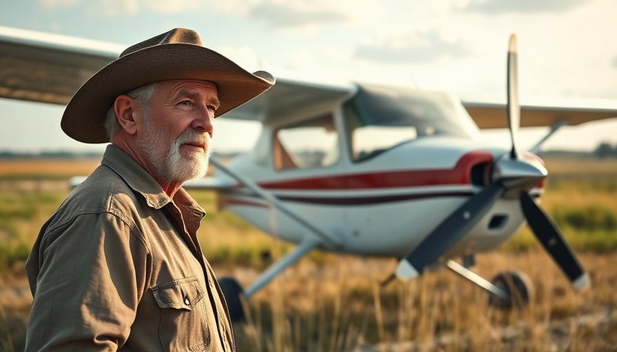 Man in cowboy hat inspecting aircraft at rural airfield, defense tech recruitment.