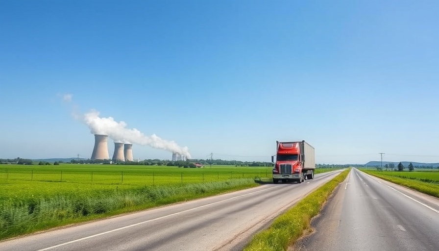 Power plant emissions seen from a rural road with a passing truck.