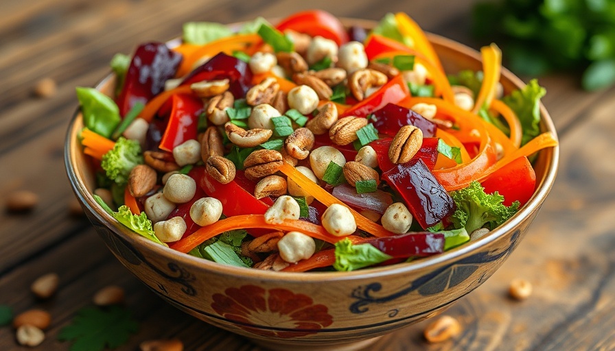 Healthy protein sources in a vibrant salad bowl featuring various vegetables and nuts.
