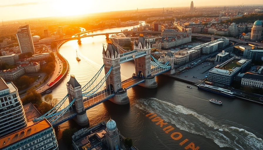 Aerial view of London with Tower Bridge, golden sunset over Thames.