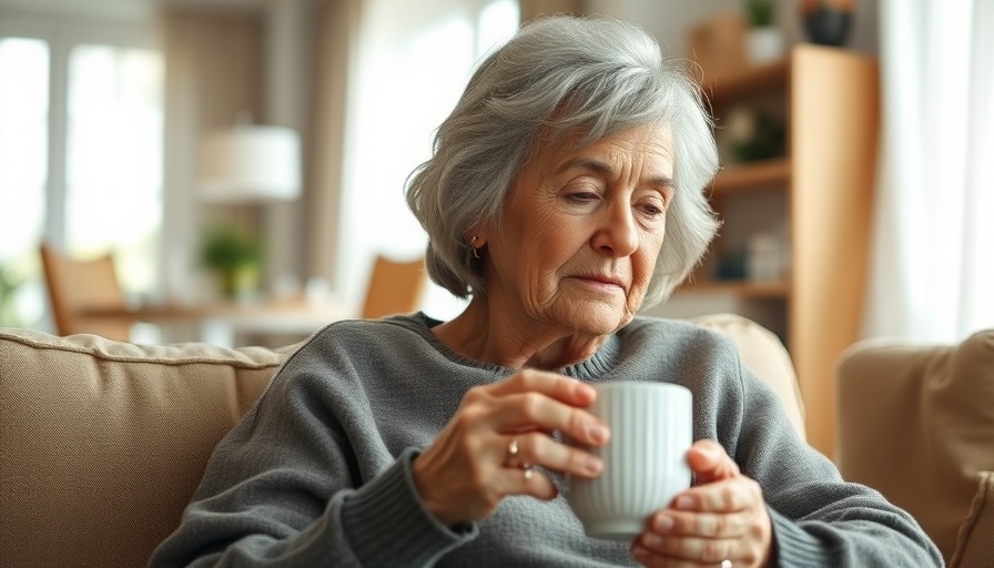 Older woman practicing menopause stress management with a cup of tea.