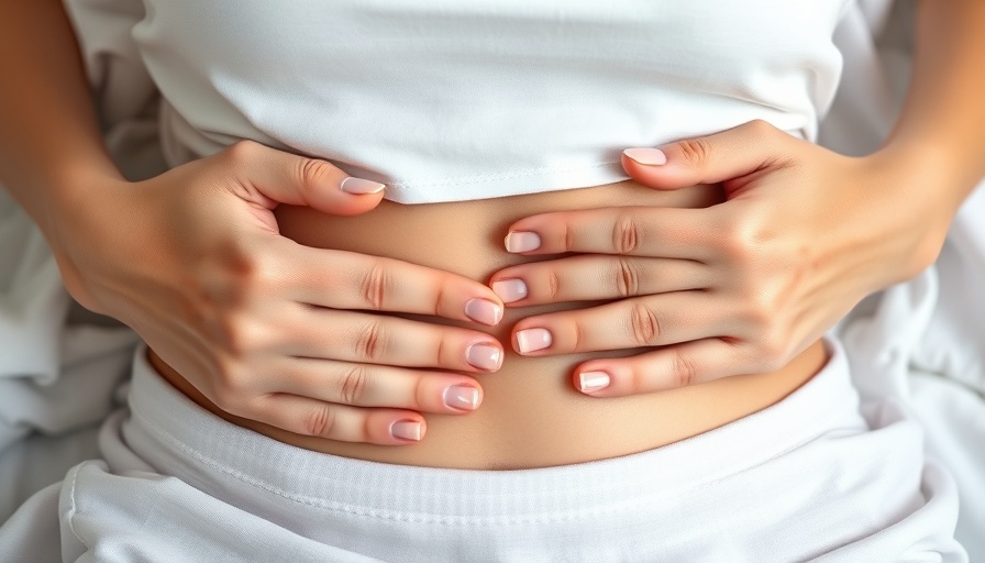 Close-up of hands on stomach focusing on gut health.