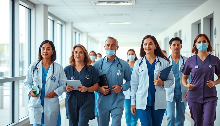 Healthcare professionals walking in a hospital corridor, teamwork and efficiency.