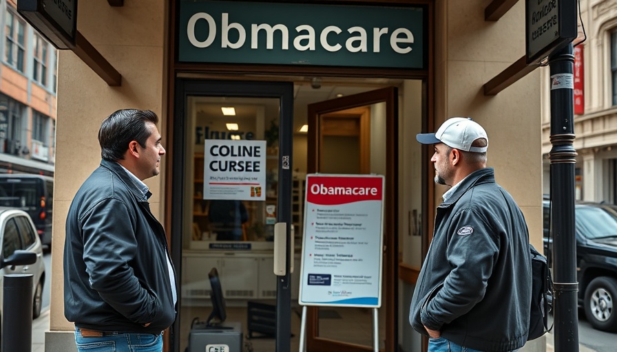 ACA enrollment sign at insurance office with two men talking.