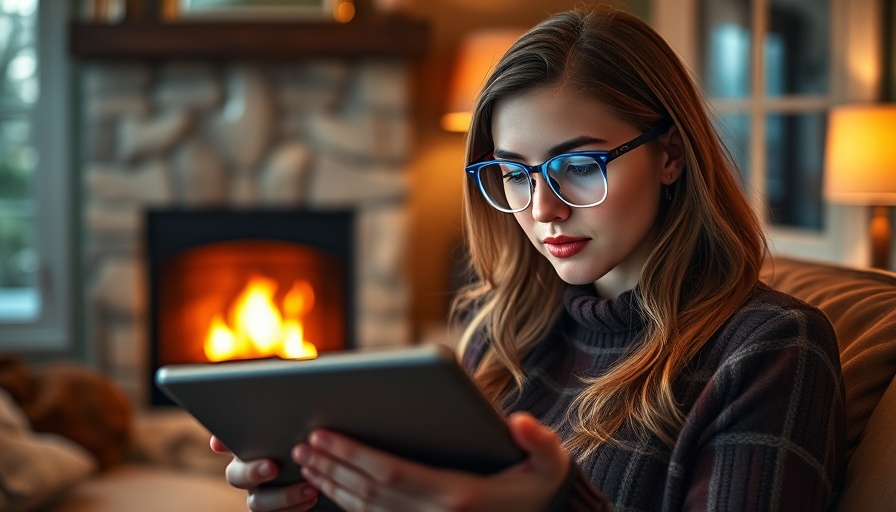 Woman using blue light blockers reading by the fire.